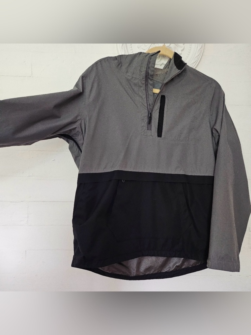 FIGS gray and black windbreaker/rain hoodie